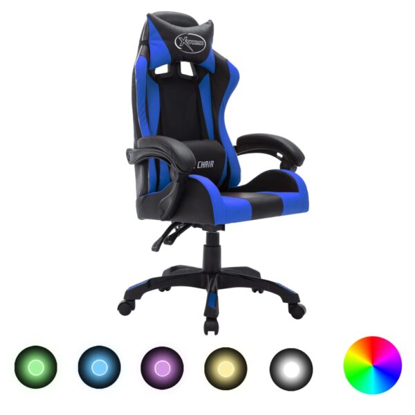 vidaXL Racing Chair with RGB LED Lights Blue and Black Faux Leather